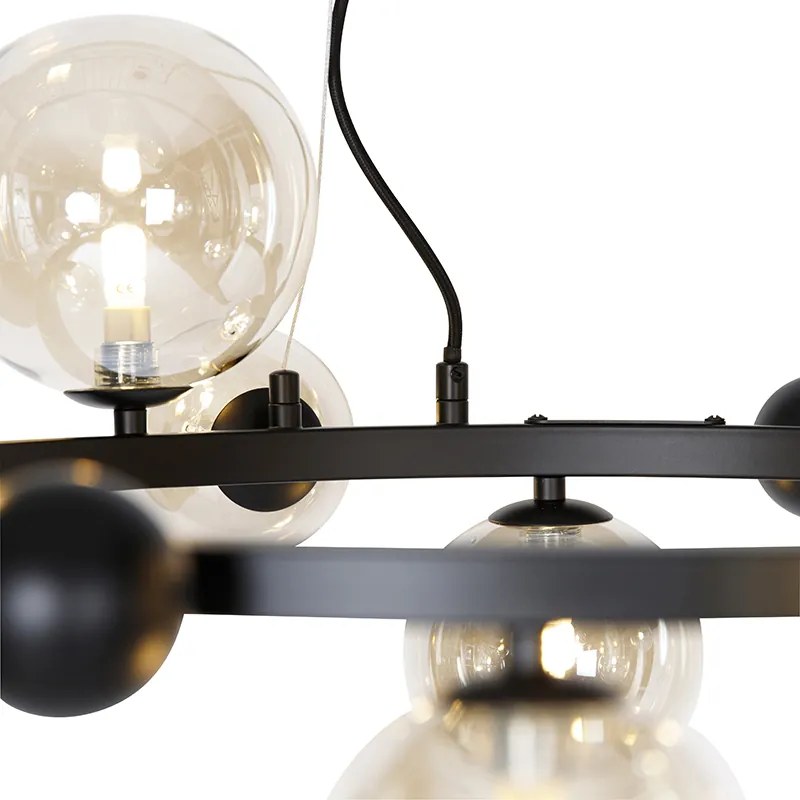 Lampă suspendată inteligentă neagră cu sticlă ambră cu 12 lumini, inclusiv Zigbee G9 - David