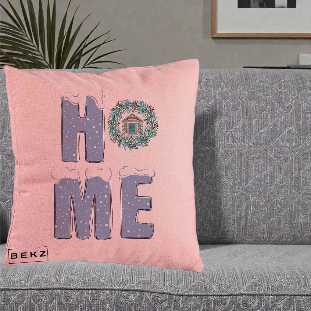 Perna Decorativa HOME Iarna cu Coroana, 40x40 cm, Roz, Husa Detasabila, Perna Inclusa, BEKZ®