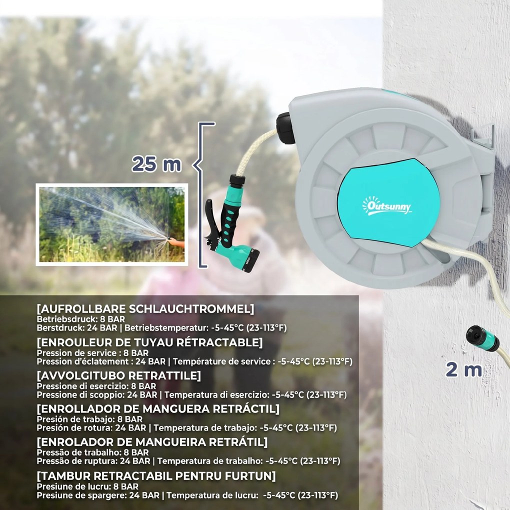 Outsunny Tambur Furtun de Grădină Retractabil, Rotativ la 180° și Sistem de Blocare, 55x20x42 cm, Gri | Aosom Romania