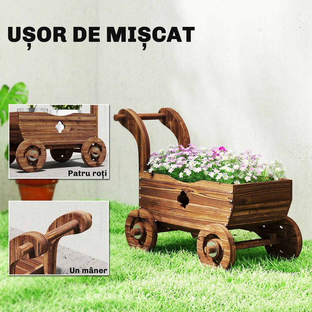 Outsunny Strat Înălțat pentru Grădină în Formă de Cărucior cu 4 Roți și Mâner, Ghiveci din Lemn de Molid cu Găuri de Drenaj, pentru Balcon, Terasă, 68x38x52 cm, Finisaj Carbonizat | Aosom Romania