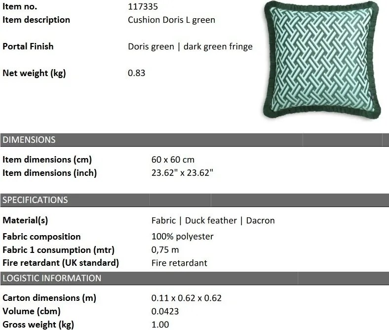 Perna decorativa design LUX Doris L verde, 60x60cm