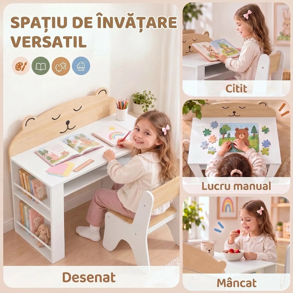 AIYAPLAY Set masă copii cu scaun, rafturi laterale, compartiment depozitare, 3-8 ani, model ursuleț, alb | Aosom Romania