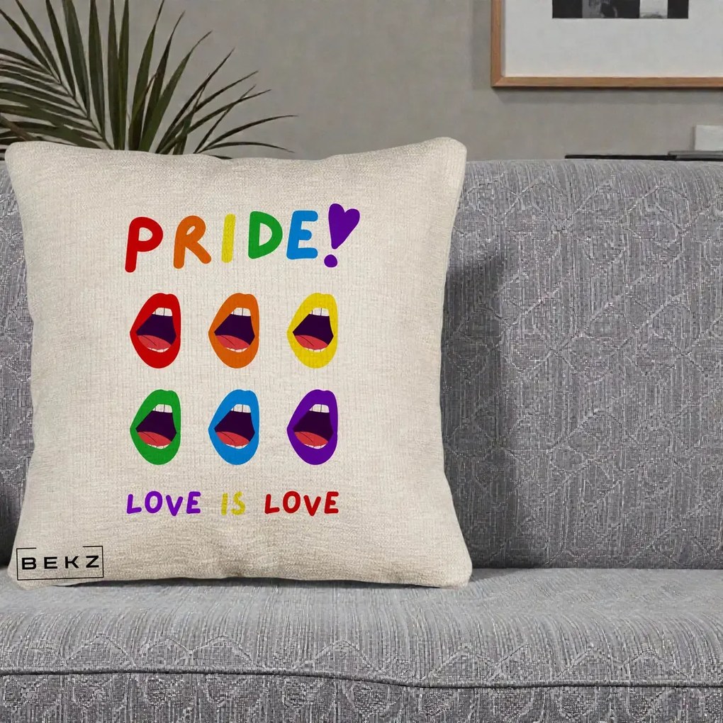 Perna Personalizata Pride Love is Love Curcubeu, 40x40 cm, Bej Canapea, Husa Detasabila, Perna Inclusa, BEKZ®