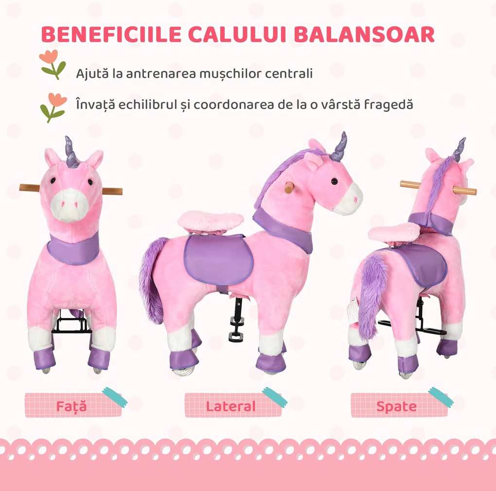 HOMCOM Balansoar Unicorn pentru Copii 3-6 Ani, cu Roți, Roz, 70x32x87cm | Aosom Romania