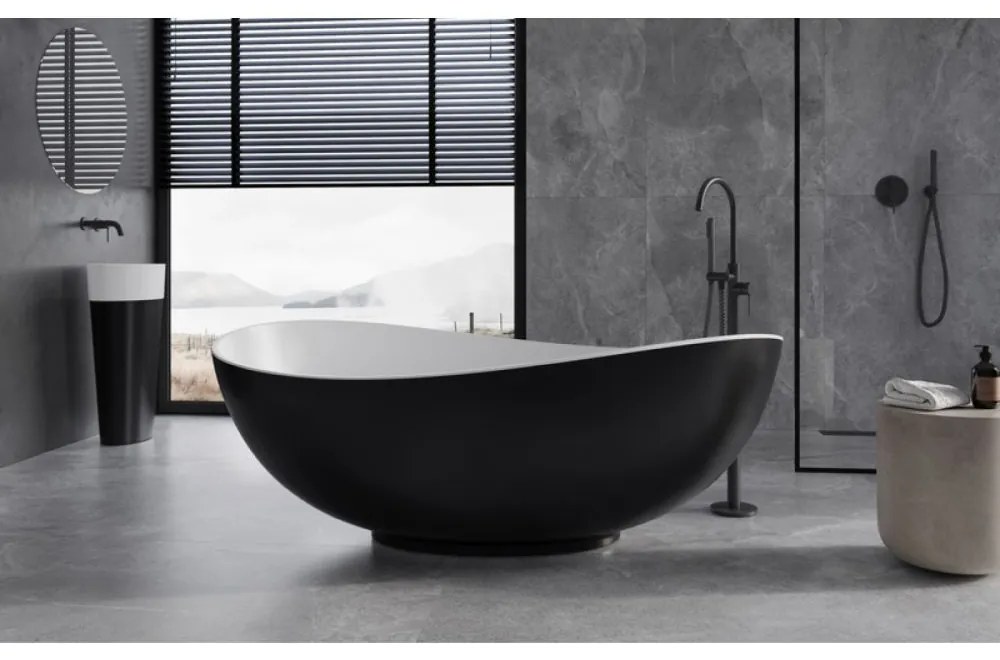 Cada baie freestanding din compozit, negru alb mat, Besco Siya, 172x100 cm Negru mat