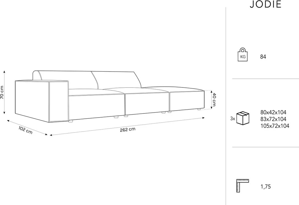 Canapea 3 locuri cotiera dreapta, Jodie, Micadoni Home, BL, 262x102x70 cm, poliester, gri deschis