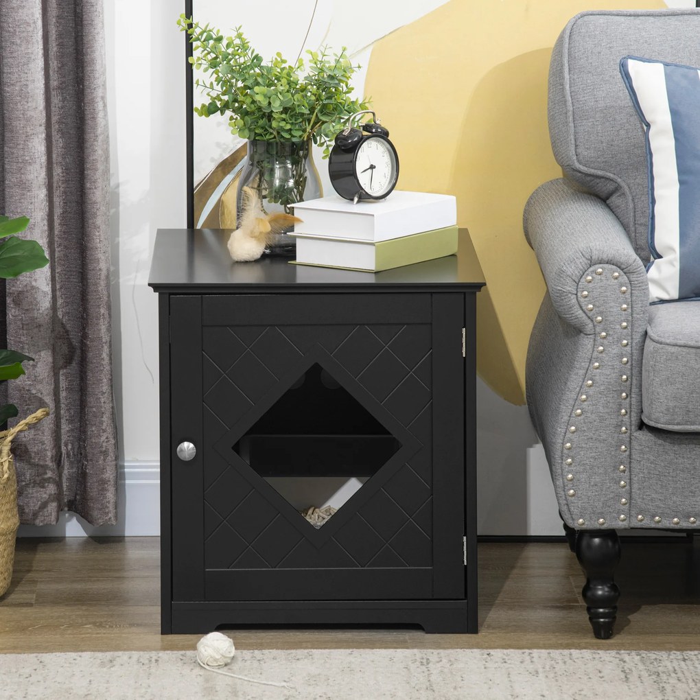 PawHut Litiera Pisici Retractabilă cu Ușă și Raft Magnetic, MDF, 48.5x53x51.5cm, Design Elegant, Negru | Aosom Romania