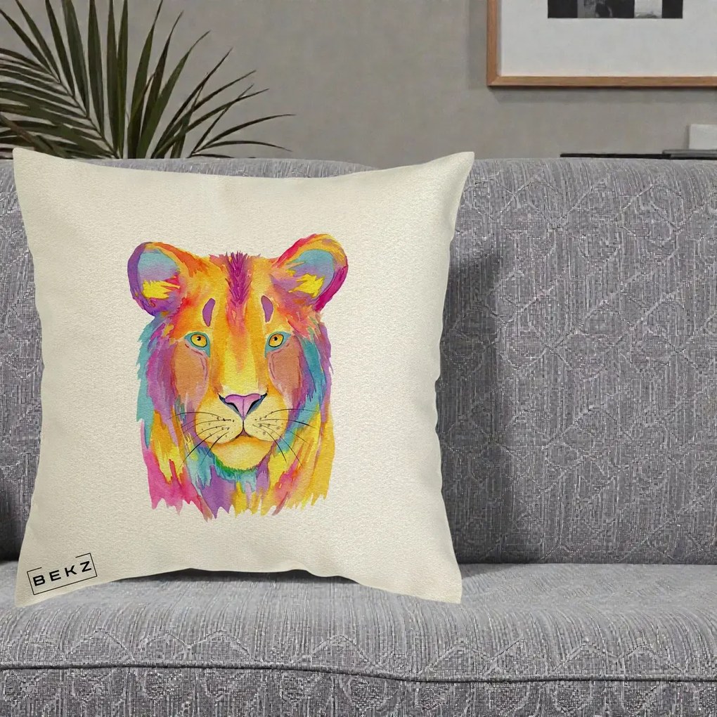 Perna Decorativa Leu Acuarela Curcubeu, 40x40 cm, Ecru, Husa Detasabila, Perna Inclusa, BEKZ®