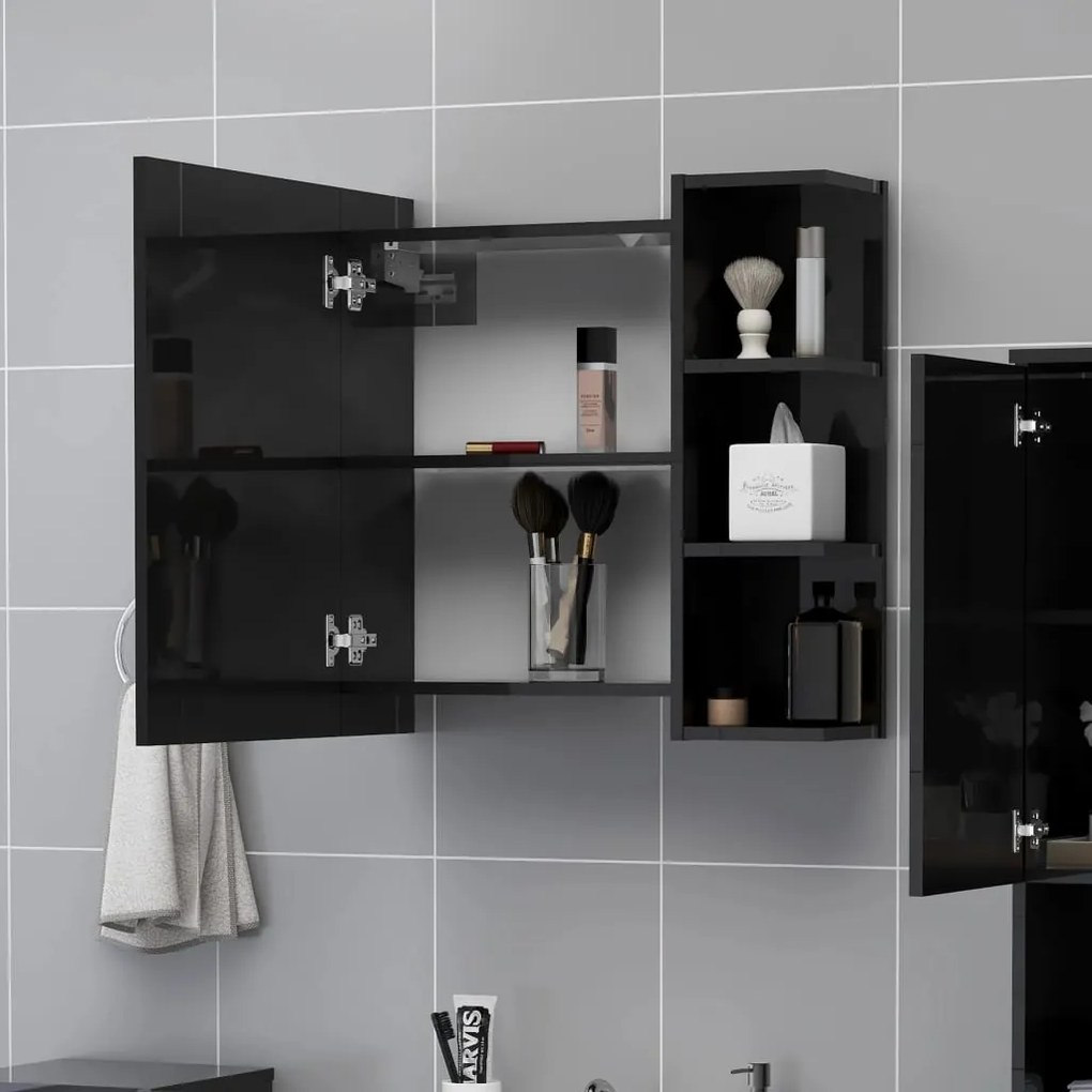 Dulap de baie cu oglinda negru extralucios 62,5x20,5x64 cm PAL negru foarte lucios