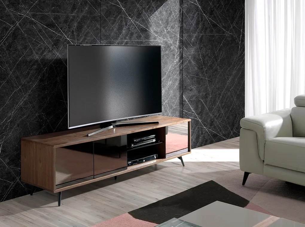 Comoda TV design LUX cu 3 usi negre efect de oglinda Walnut