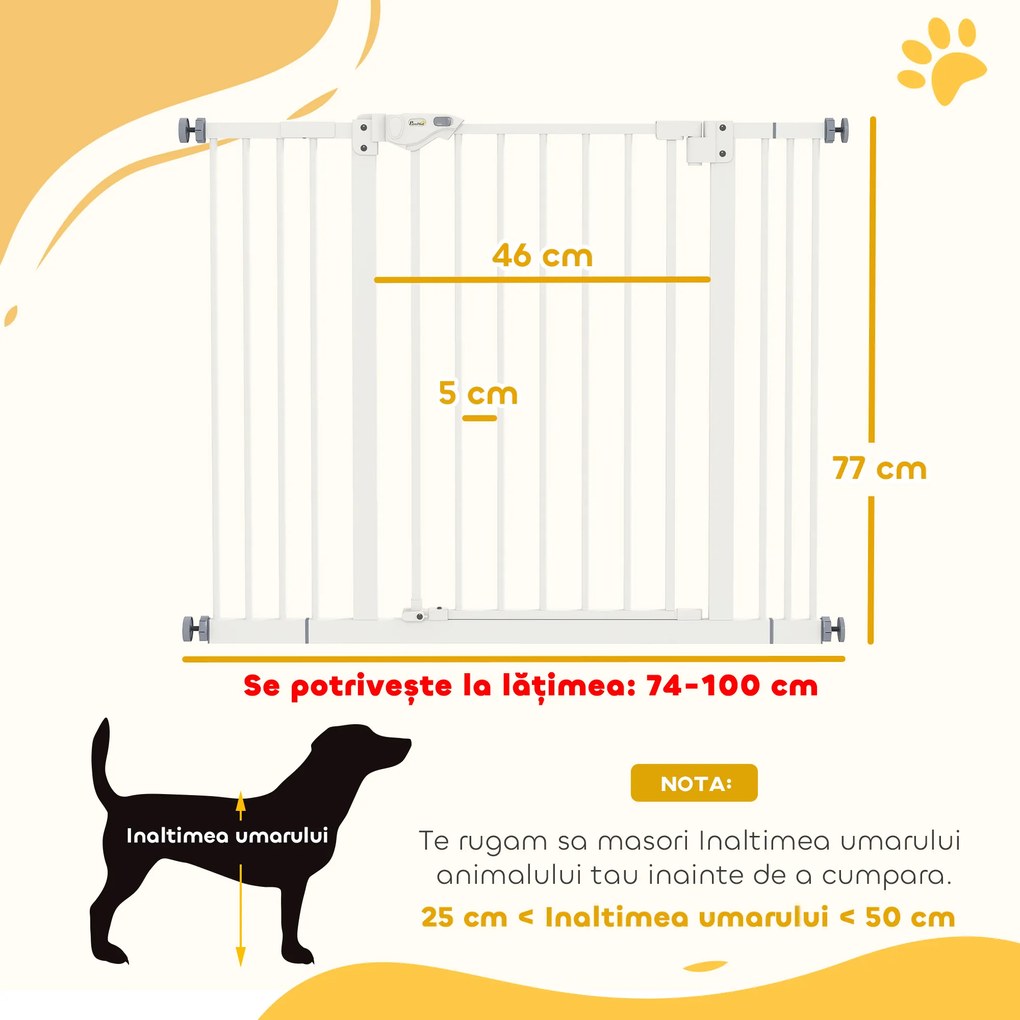 PawHut Poartă Extensibilă pentru Câini fără Șuruburi, Poartă de Siguranță Reglabilă cu 2 Extensii, 94-100 cm, Alb | Aosom Romania