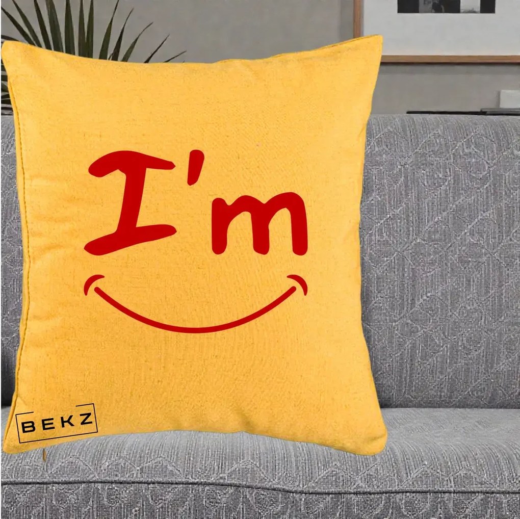 Perna Decorativa I'm Happy Smile, 40x40 cm, Galben, Husa Detasabila, Perna Inclusa, BEKZ®