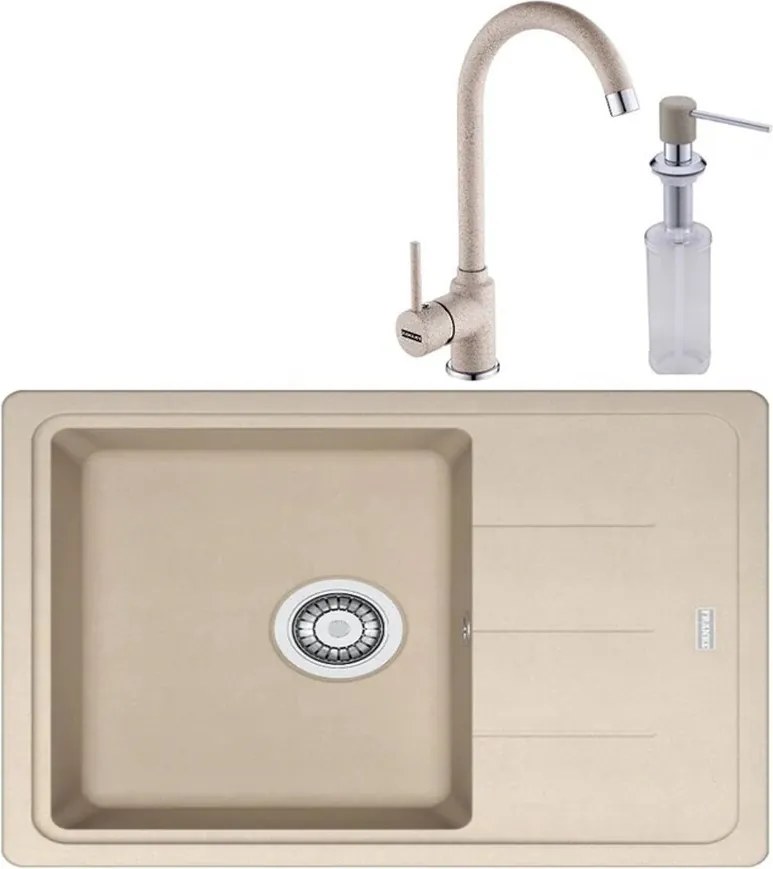 Set chiuveta bucatarie compozit Franke Basis 1 cuva cu picurator 62x50 cm reversibila finisaj bej mat cu baterie si dozator detergent
