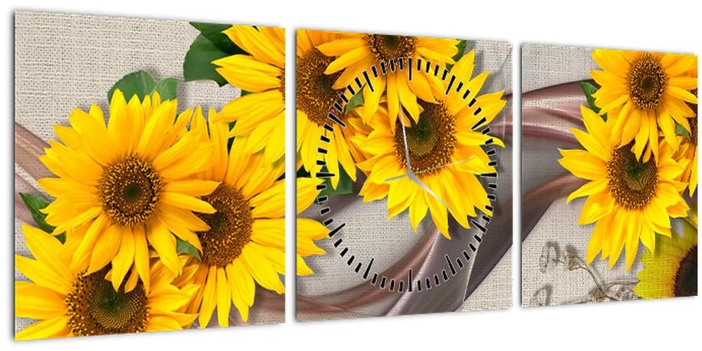 Tablou - Flori strălucitoare de floare soarelui (cu ceas) (90x30 cm)
