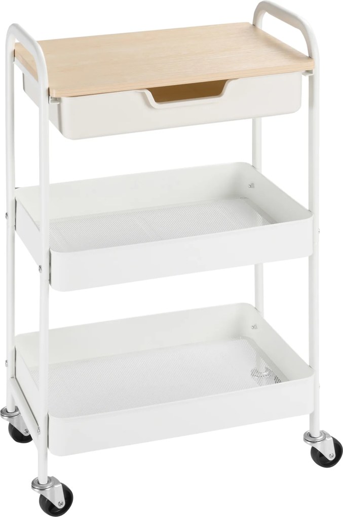 HOMCOM Masă de bucătărie cărucior de servire 2 rafturi sertar tavă aspect de lemn deschis oțel PP alb | Aosom Romania