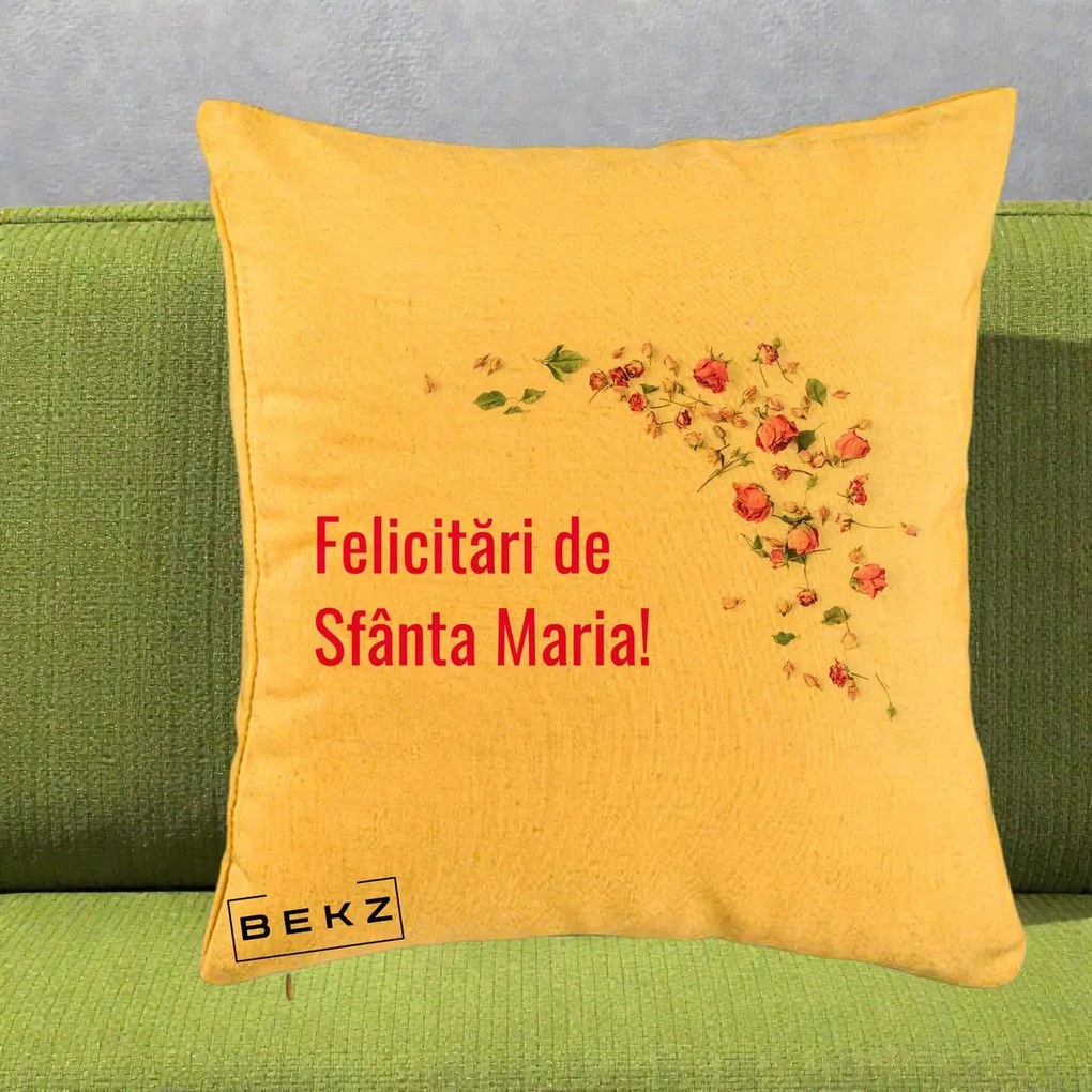 Cadou de Onomastica - Perna Personalizata Felicitari de Sfanta Maria, 40x40 cm, Galben, Husa Detasabila, Perna Inclusa, BEKZ®