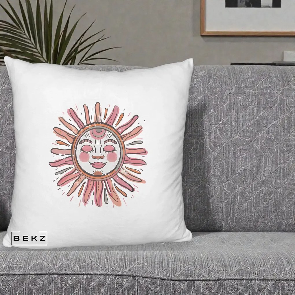 Perna Decorativa Soare Roz Tribal, 40x40 cm, Alb Pufos, Husa Detasabila, Perna Inclusa, BEKZ®