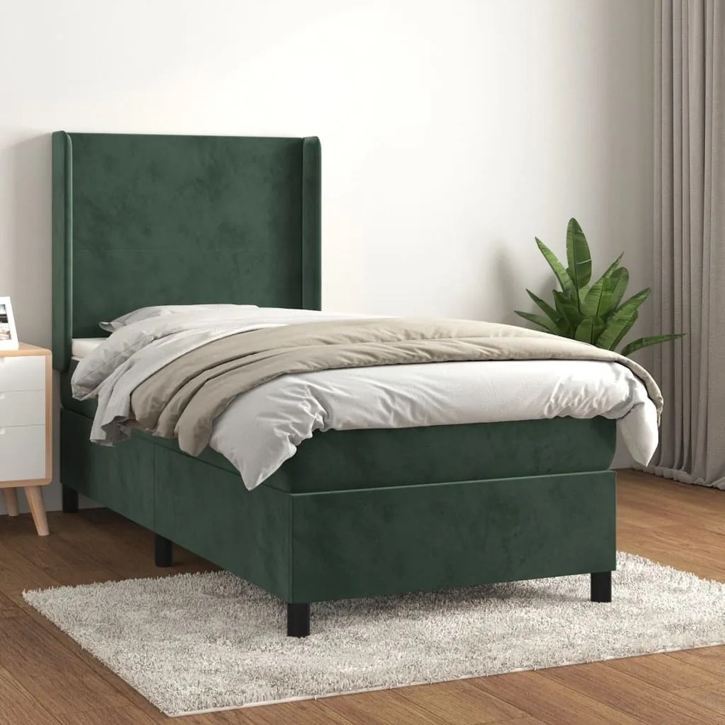 3132546 vidaXL Pat box spring cu saltea, verde închis, 100x200 cm, catifea