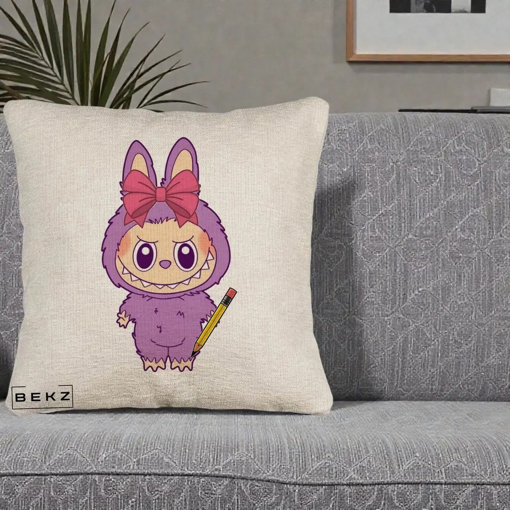 Perna Personalizata Labubu Mov cu Funda Rosie si Creion, 40x40 cm, Bej Canapea, Husa Detasabila, Perna Inclusa, BEKZ®