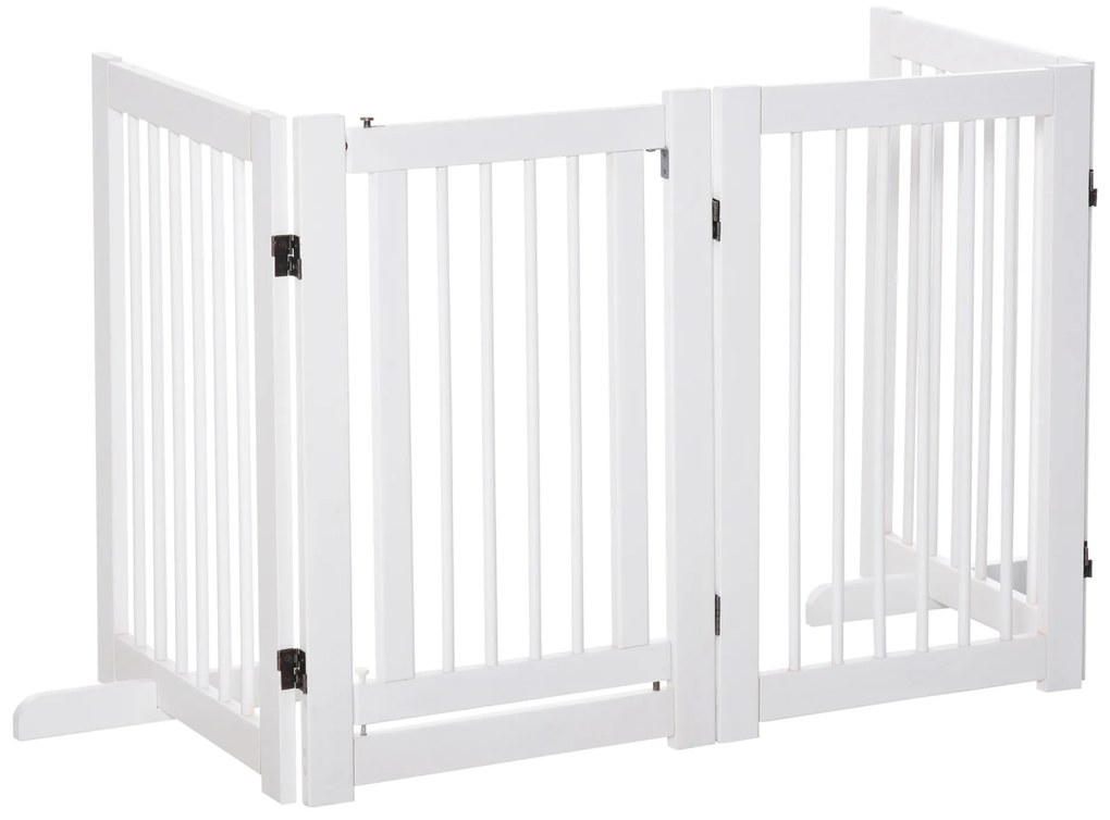 Grilă pentru câini PawHut cu picioare de susținere 204 x 75 cm din lemn, Grilă de protecție pentru câini cu uși pentru scări, uși, bucătărie, hol, 4 panouri, Alb | Aosom Romania