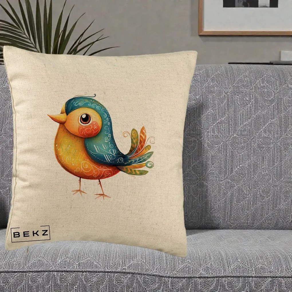 Perna Decorativa Pasare Folk Art Portocalie-Teal, 40x40 cm, Bej, Husa Detasabila, Perna Inclusa, BEKZ®