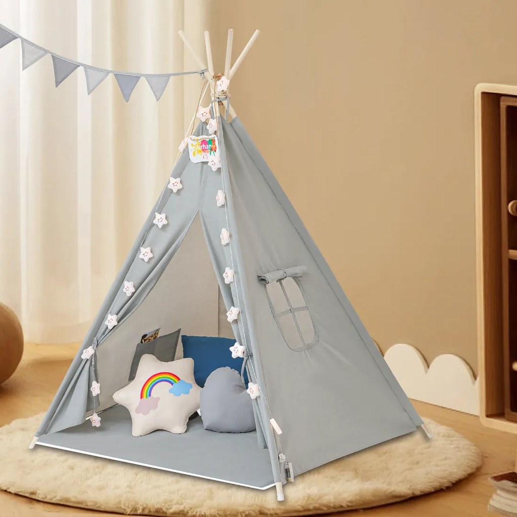 Jurhan Cort tip teepee pentru copii JULIUS, 120x120x160cm, gri/albastru