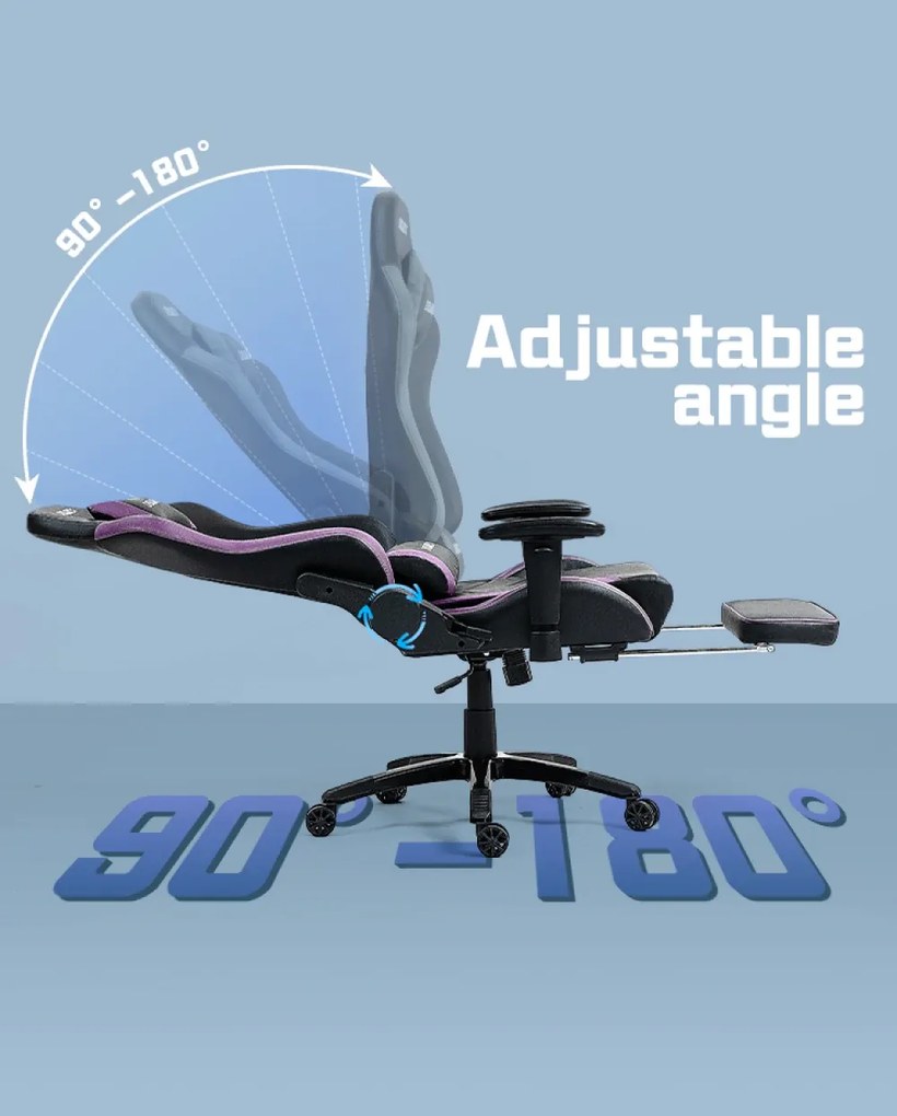 DOWINX Scaun gaming, ergonomic, suport lombar cu masaj, spătar rabatabil 90-180°, cotiere reglabile, suport pentru picioare, rezistent 150 kg, piele PU, Negru/Violet