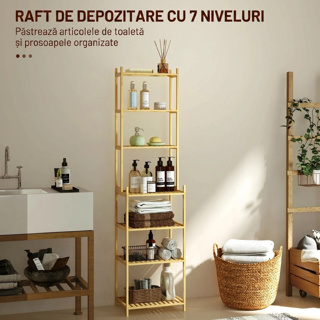 HOMCOM Raft de Depozitare pentru Baie cu 7 Niveluri, 44x33x180 cm, Lemn Natural | Aosom Romania