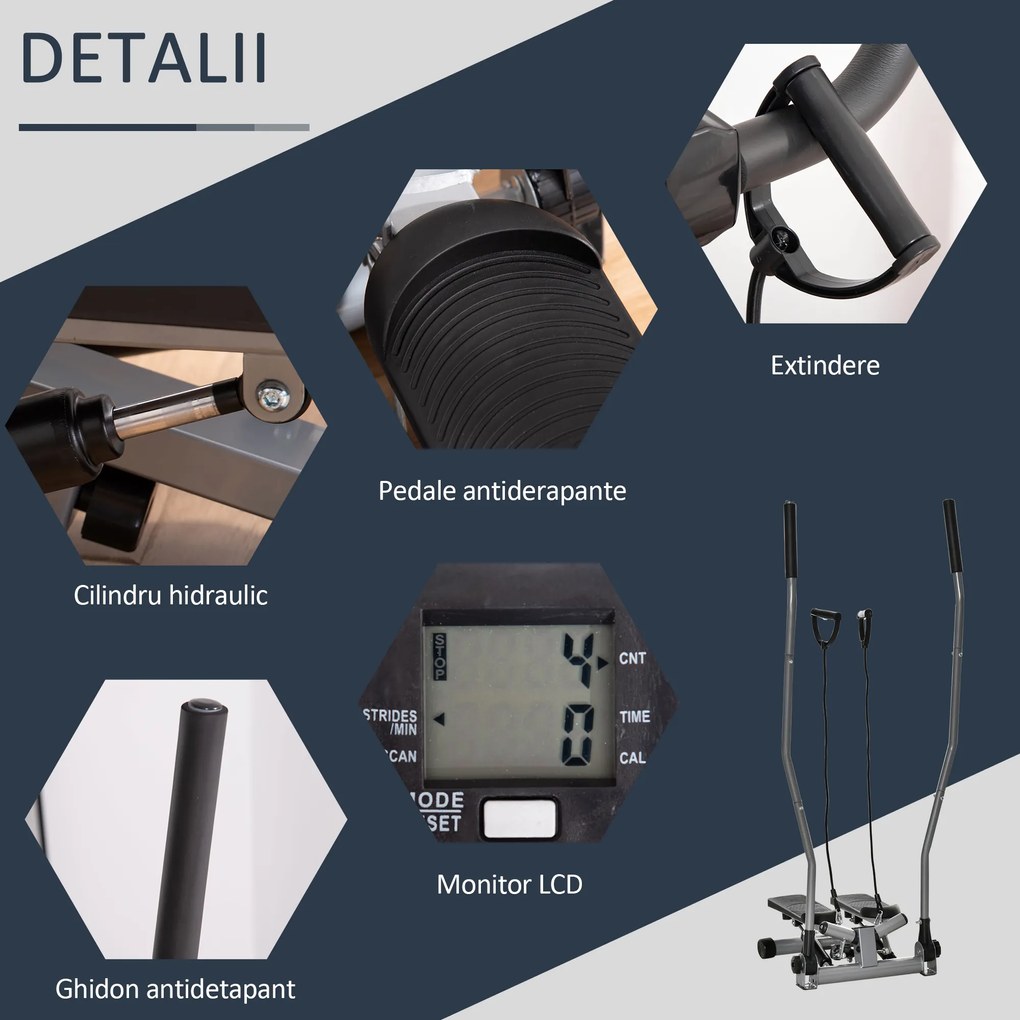 HOMCOM Stepper Fitness cu Maner, Bante Elastice, LCD, Oțel/ABS, Argintiu-Negru | Aosom Romania