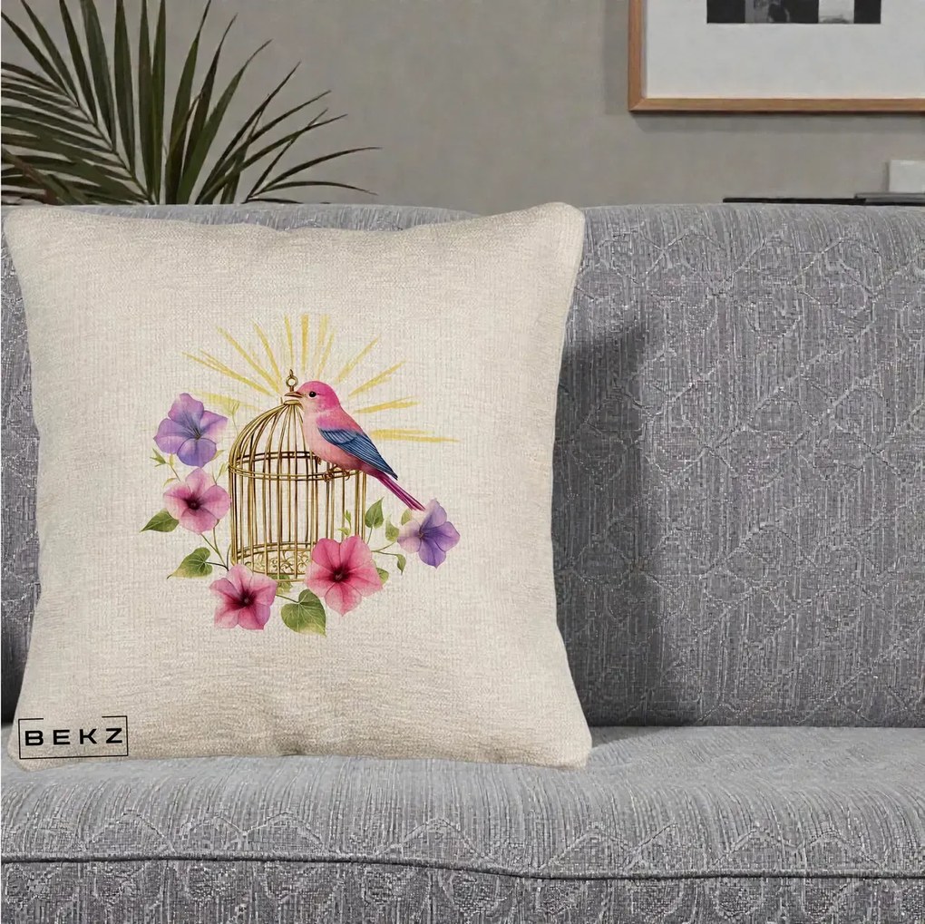 Perna Decorativa Pasare Roz pe Colivie Aurie cu Flori, 40x40 cm, Bej Canapea, Husa Detasabila, Perna Inclusa, BEKZ®
