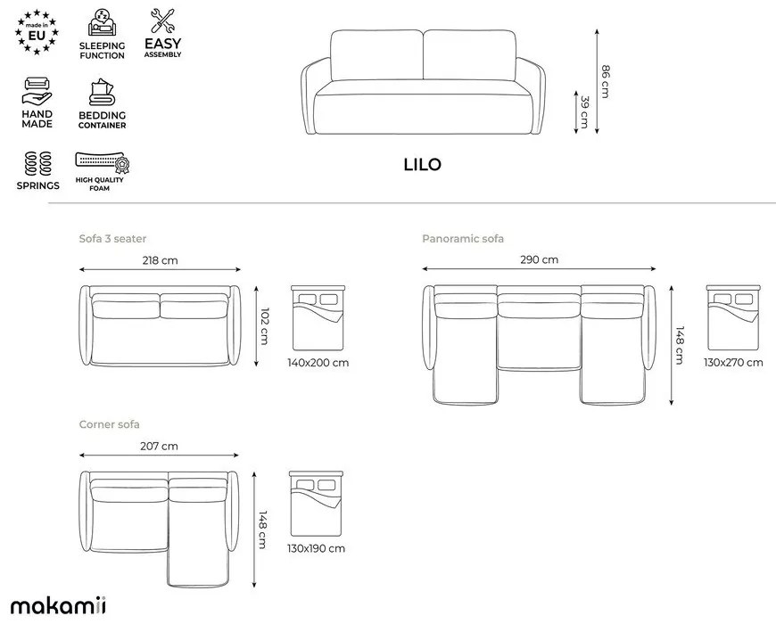 Colțar gri deschis extensibil/cu spațiu de depozitare cu tapițerie din chenille (cu colț pe partea stângă/cu șezlong) Lilo – Makamii