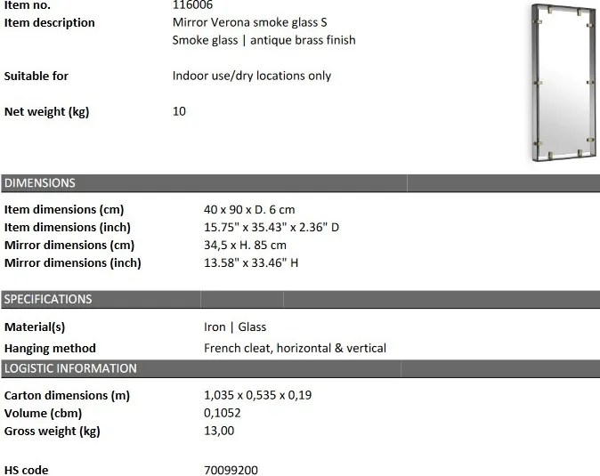 Oglinda decorativa LUX Verona S, alama antica 40x90cm 116006 HZ