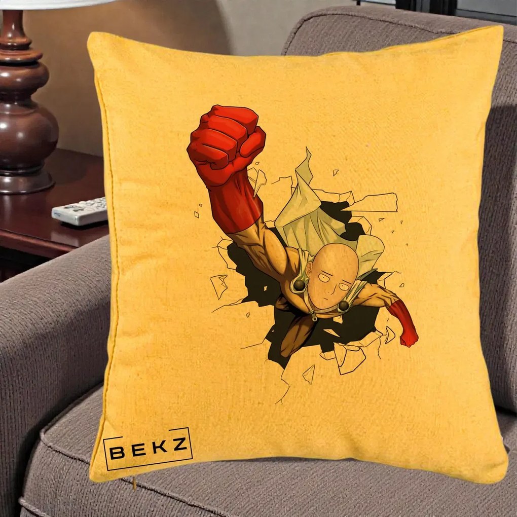 Perna Personalizata One Punch Man Saitama Pumn, 40x40 cm, Galben, Husa Detasabila, Perna Inclusa, BEKZ®