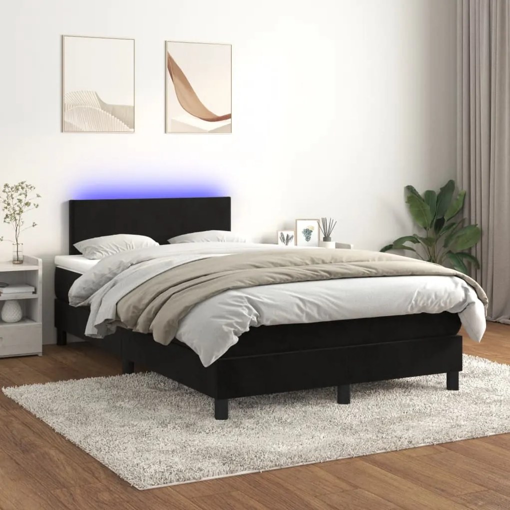 vidaXL Pat cu arcuri, saltea și LED, negru, 120x200 cm, catifea