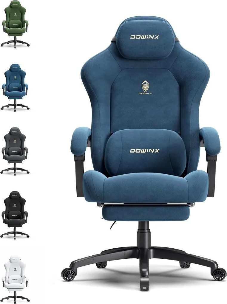 DOWINX – Scaun Gaming, Suport Lombar cu Masaj, Șezut cu Arcuri Metalice și Spumă, Rabatabil 90°-160°, Suport picioare, Rezistent 160 kg, material textil, Albastru