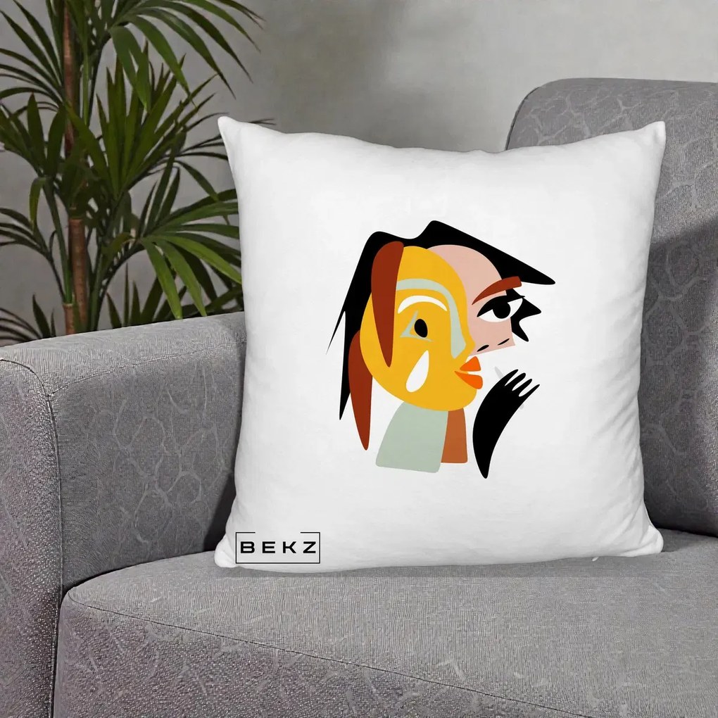 Perna Decorativa Portret Abstract Galben-Ocru, 40x40 cm, Alb Pufos, Husa Detasabila, Perna Inclusa, BEKZ®