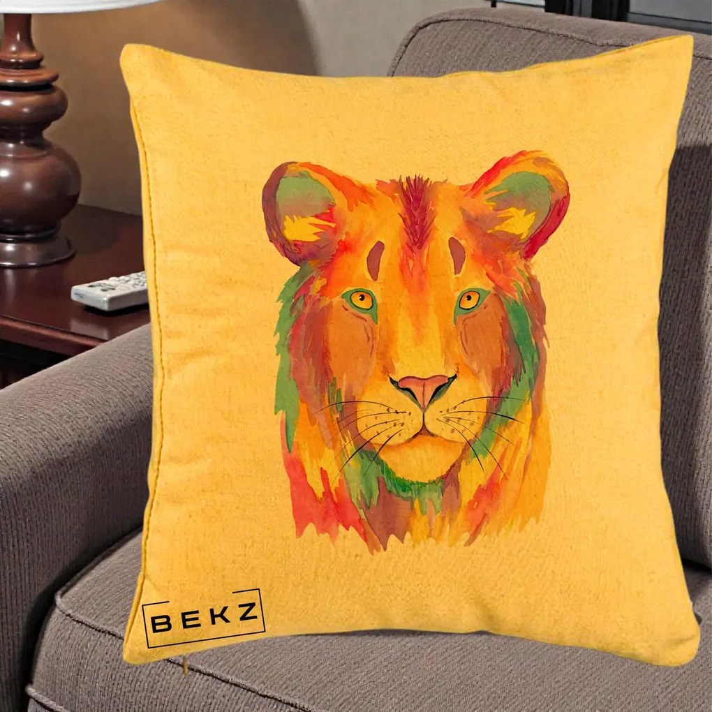 Perna Decorativa Leu Acuarela Curcubeu, 40x40 cm, Galben, Husa Detasabila, Perna Inclusa, BEKZ®