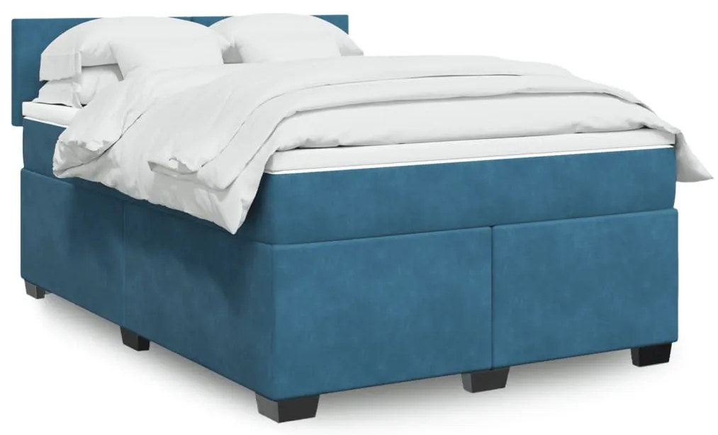 vidaXL Pat box spring cu saltea, albastru închis, 140x200 cm, catifea