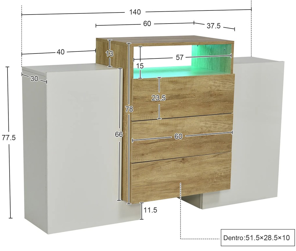 Comodă Modernă cu LED Multicolor, Alb+Culoare naturală | Aosom Romania