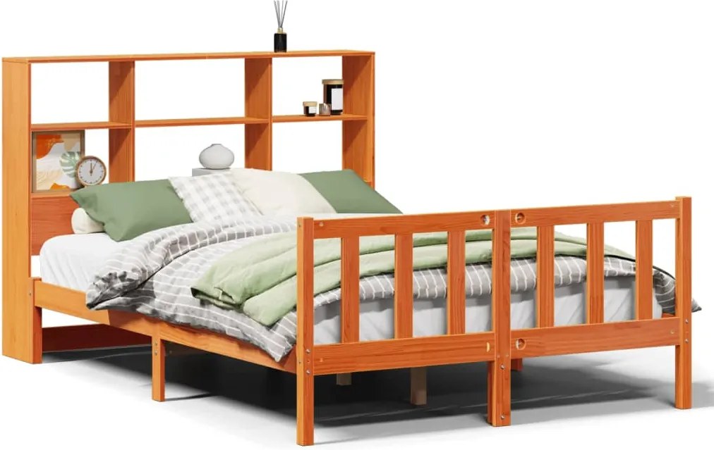 vidaXL Pat cu bibliotecă fără saltea, maro, 120x200 cm, lemn masiv pin