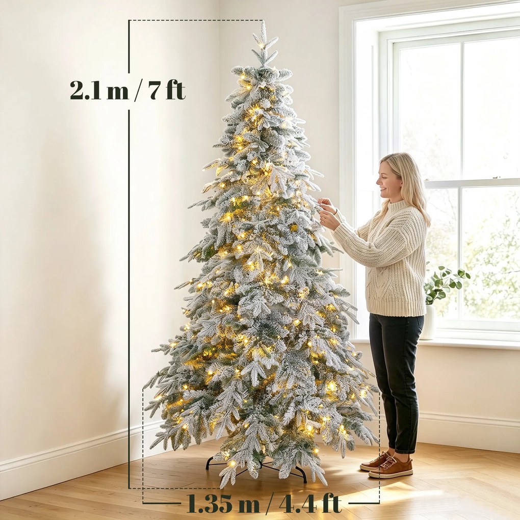 HOMCOM Brad de Crăciun Înzăpezit 210 cm cu 450 de Lumini LED Alb Cald, Timer, Telecomandă, 8 Modalități, 1080 de Ramuri Ignifuge | Aosom Romania