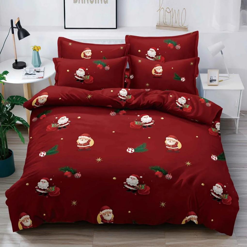 Set lenjerie de pat Mos Crăciun cu elastic, tesatura tip finet, 6 piese, pat 2 persoane, grena, FNJEC-38