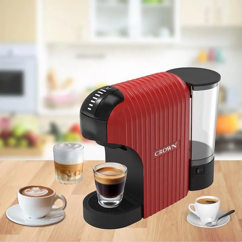 Espressor cu capsule 7in1 Crown CCM-1532R, 1400 W, 20 bar, 0.9 L, 7 adaptoare, Indicator LED, Controlul lungimii cafelei, Rosu/Negru