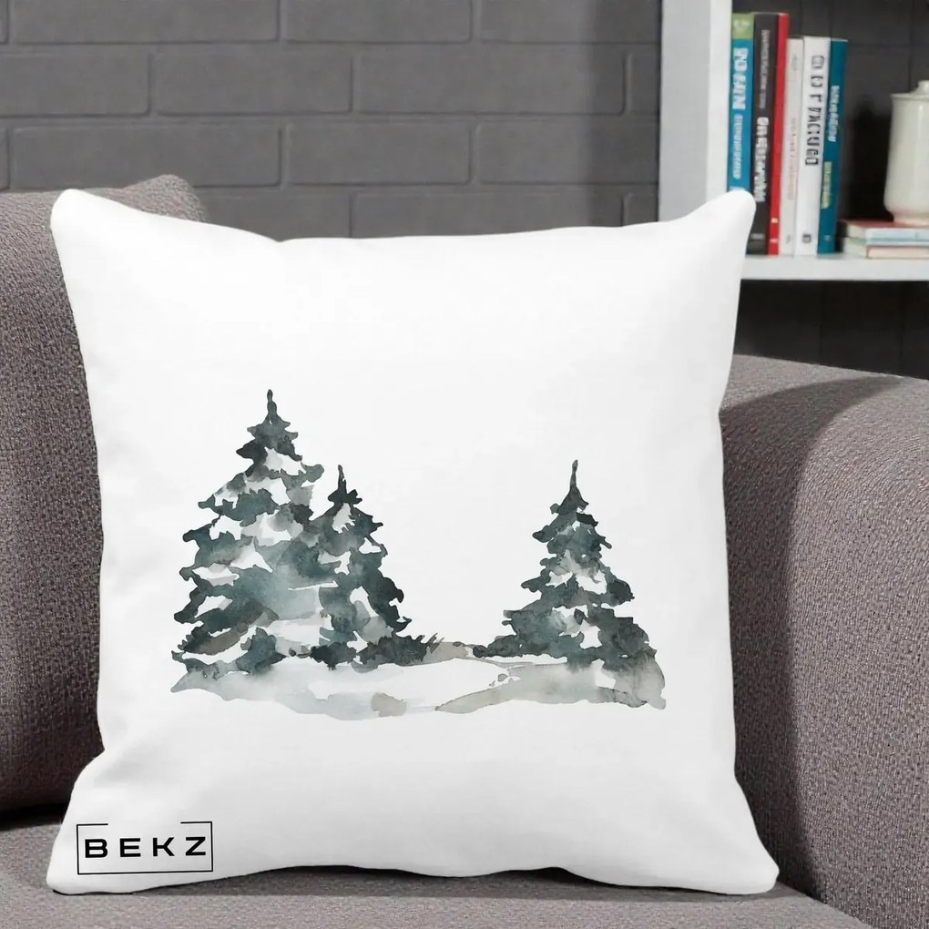 Perna Decorativa Brazi Inzapeziti Acuarela, 40x40 cm, Alba Mata, Husa Detasabila, Perna Inclusa, BEKZ®