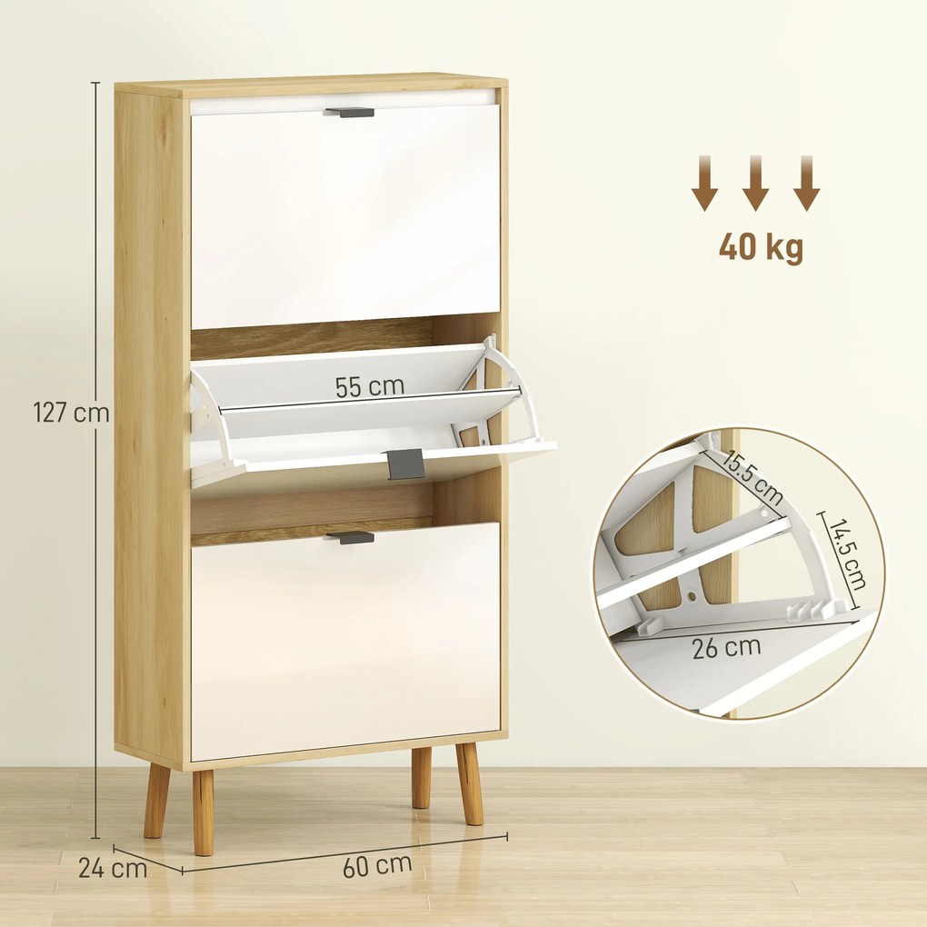 HOMCOM Dulap pentru pantofi, dulap îngust pentru pantofi, 3 sertare rabatabile, ușă înaltă lucioasă, 60x24x127cm, alb | Aosom Romania