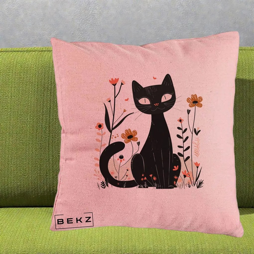 Perna Decorativa Pisica Neagra Flori Pastel Folk, 40x40 cm, Roz, Husa Detasabila, Perna Inclusa, BEKZ®