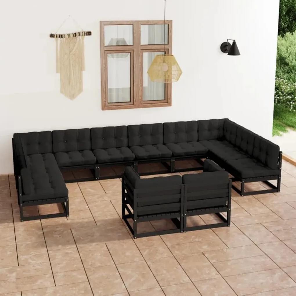 3077278 vidaXL Set mobilier grădină cu perne, 12 piese, negru, lemn masiv pin