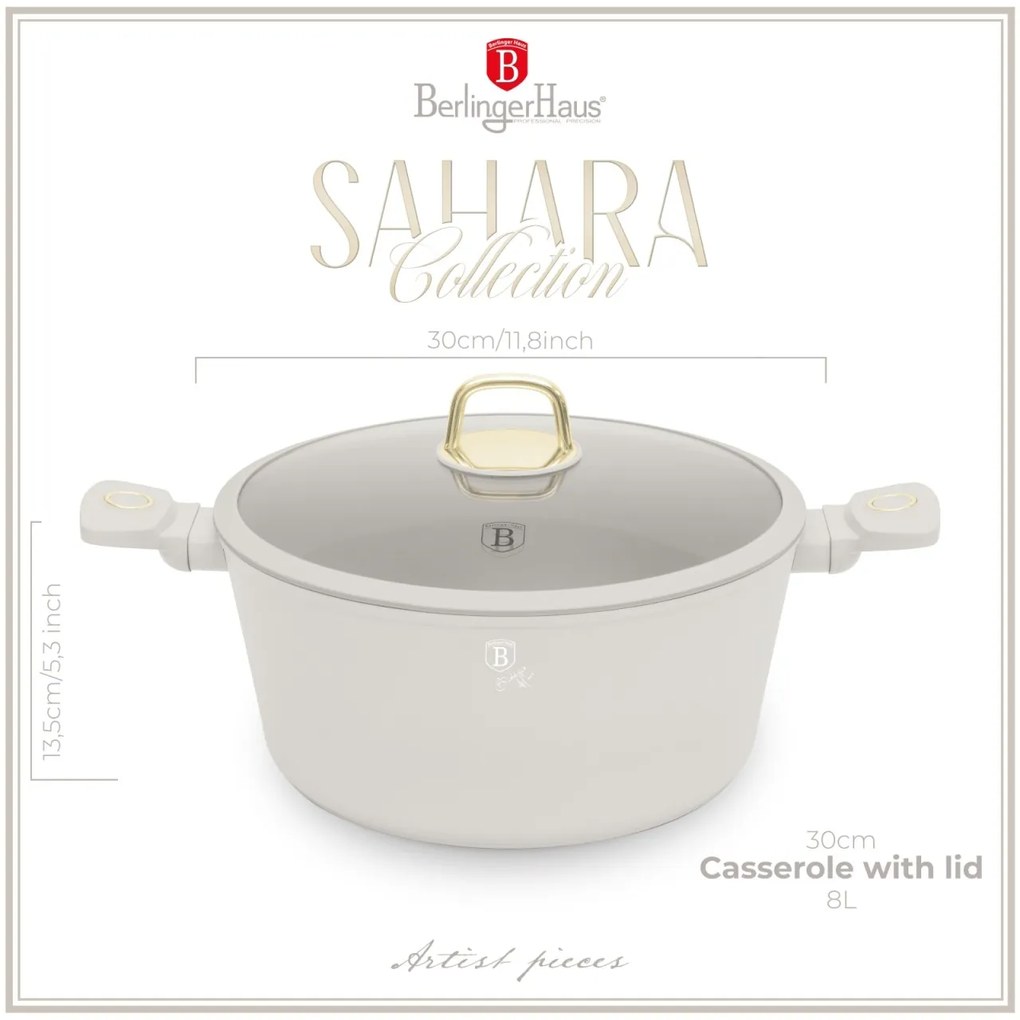 Oală cu capac 30 cm, 8L – Berlinger Haus Sahara Collection BH 8073, crem, cu strat antiaderent titan, ideală pentru familii mari
