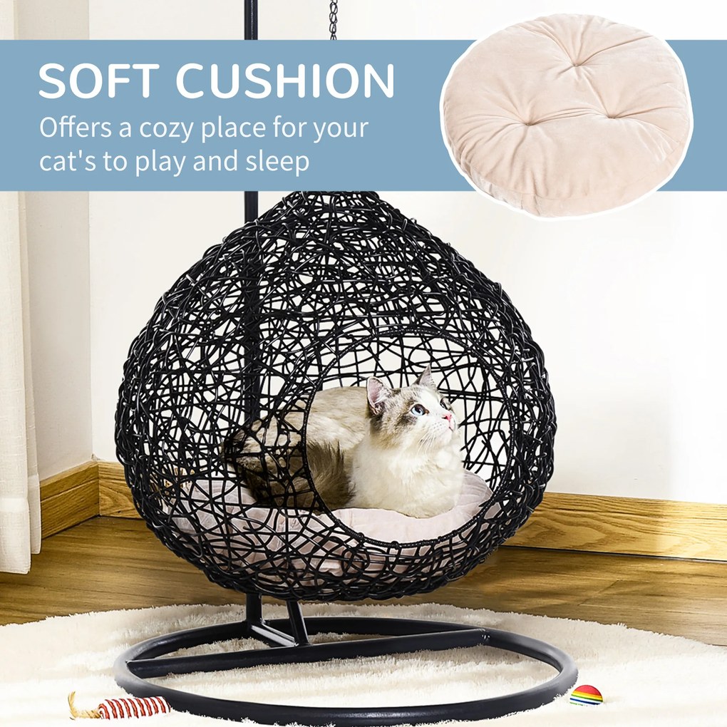 PawHut Cusca Hamac pentru Pisici in PE Rattan cu Perna din Lin si Bumbac Φ60 x 110cm