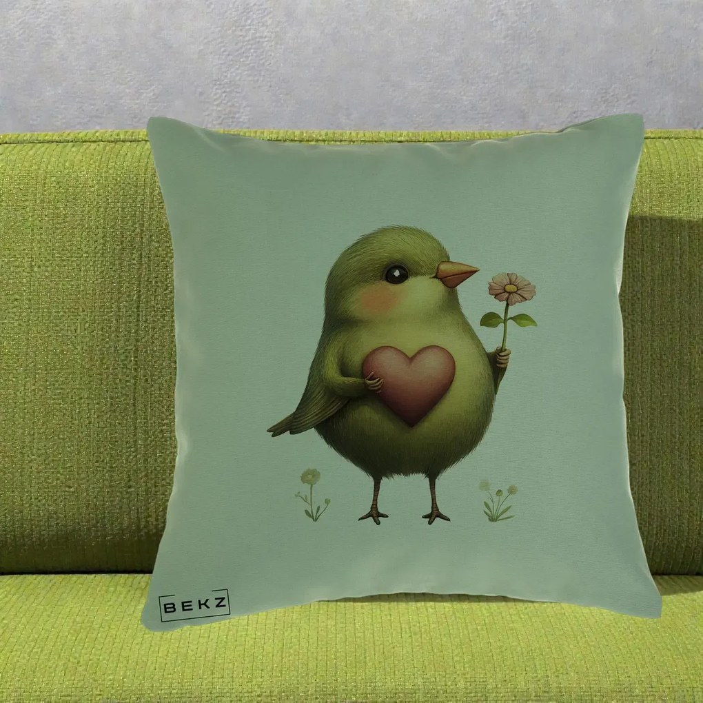 Perna Decorativa Pasare Verde cu Inima si Floare, 40x40 cm, Verde, Husa Detasabila, Perna Inclusa, BEKZ®